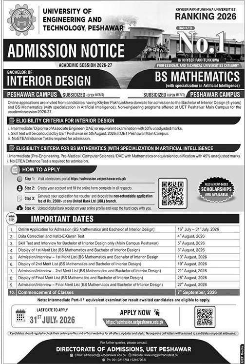 University of Engineering and Technology, Peshawar admissions advertisement 2026
